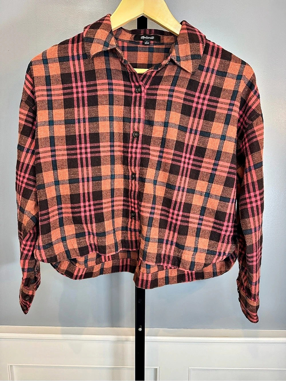 Madewell Cropped Plaid Flannel Button Down Shirt Brown Pink 100% Cotton Small